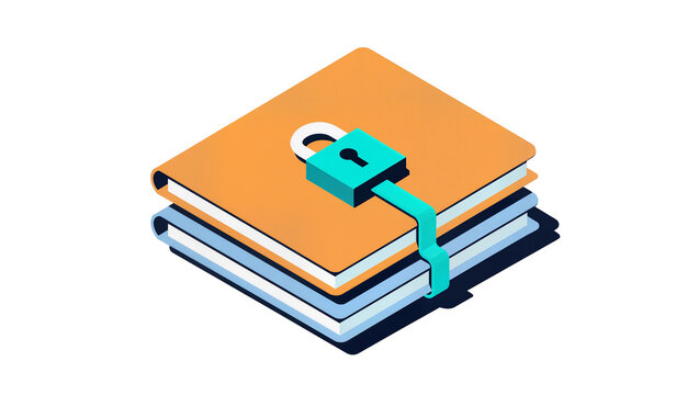 Stacked orange and blue folders secured with a silver padlock, isolated on transparent background for data protection and privacy concepts