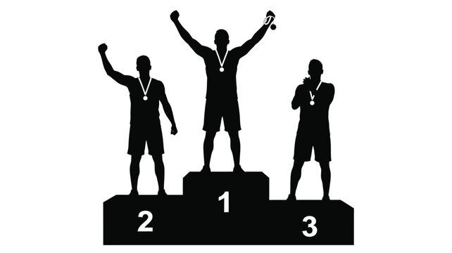 Three athletes celebrate victory on a podium a striking silhouette