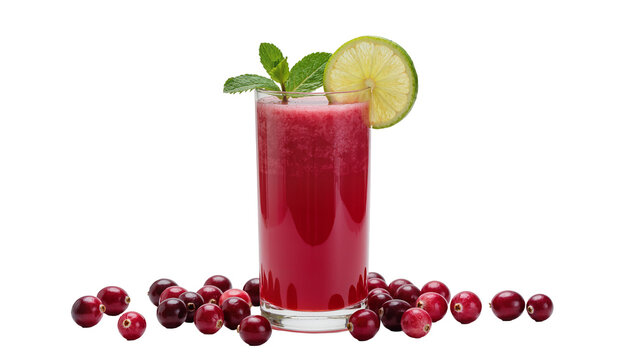 Vibrant crimson cranberry juice in tall glass garnished with fresh mint and lime wedge, isolated on transparent background for beverage promotions
