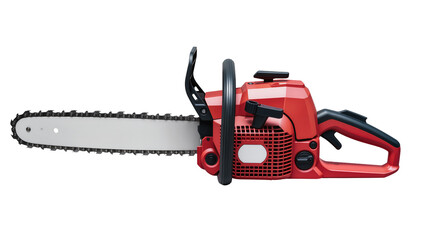 Fototapeta premium Powerful red gasoline chainsaw with sharp metal chain and ergonomic black handles, isolated on transparent background for construction and forestry projects