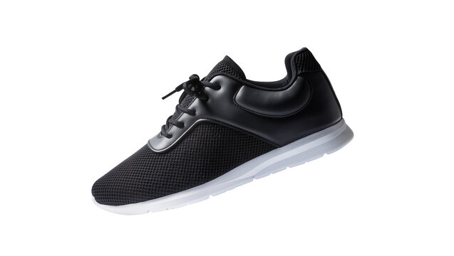 Sleek black athletic running shoe with dark laces and a contrasting gray sole, isolated on transparent background for product mockups