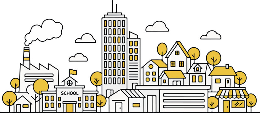 Modern city skyline with school factory skyscraper houses trees and clouds in a clean line style hand-drawn vector illustration doodle art
