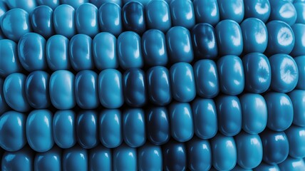 Obraz premium Digitally enhanced macro photo of corn kernels in vivid blue tones. Abstract geometric texture with high contrast. Great for design, modern art, and futuristic backgrounds.