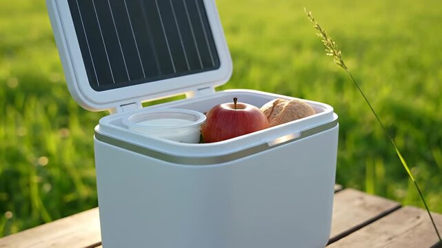 Hand touching white portable device on wooden table outdoors