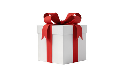 Rectangular pristine gift box wrapped with vibrant red satin ribbon and a large bow, isolated on...