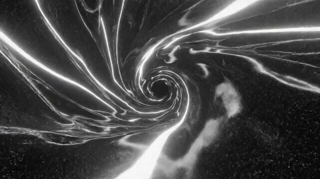 Abstract grayscale vortex tunnel with bright white light lines rotating through space creating a futuristic journey
