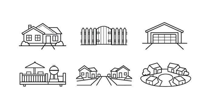 Suburban home icon set. detached house, picket fence gate, garage, deck with grill, twin-lane residential road, roundabout cul-de-sac. line and flat vector illustration.