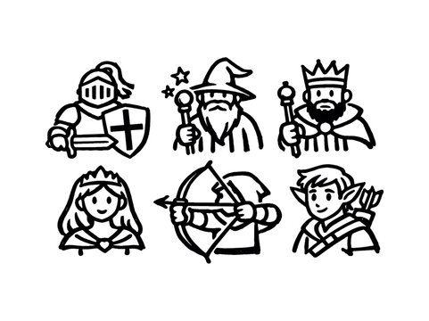 Medieval heroes hand drawn icon set. knight, wizard, king, princess, archer, elf, friendly cartoon line characters, fantasy adventure. flat vector illustration.