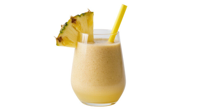 Golden pineapple smoothie in a curved glass with a straw garnished with fresh pineapple chunks, isolated on transparent background for beverage ads