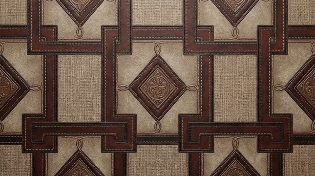 Structured western pattern wallpaper with interlocking leather frames, linen texture fields, diamond medallions and warm ranch house symmetry for elegant rustic decorative wall backdrops