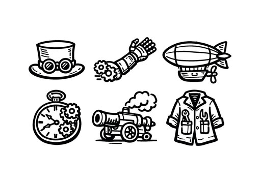 Steampunk icon set. top hat with goggles, mechanical arm, airship, pocket watch with gears, steam cannon, engineer coat. line, flat and colored vector icon set.