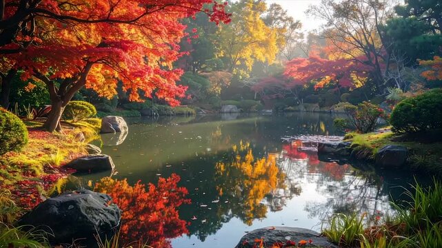 A serene pond reflects vibrant fall foliage in a lush Japanese garden setting