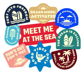 Fototapeta premium Retro Summer Beach Sticker Pack with Surf, Sunset, Tropical Quotes, and Sea Vibes, Colorful Vintage Flat Vector Illustration Badge Set for T-Shirt Print, Posters, Logos, Decals, and Summer Designs