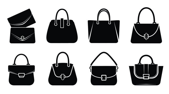 Collection of various handbag designs presented in black silhouette