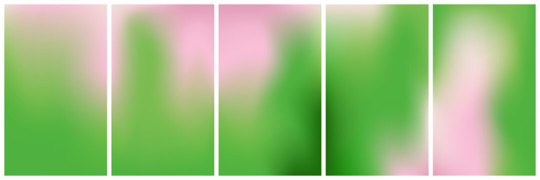 Modern green, pink pastel blur background set. Abstract matcha latte gradient templates. Smooth cream and tea mesh texture wallpapers.