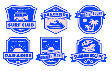 Obraz premium Vintage Summer Beach Resort Badge Collection with Palm Trees, Surf Van, Jet Ski, Sunset, and Tropical Escape Symbols, Flat Vector Shield Logo Design for T-Shirts, Posters, Stickers, Travel Branding