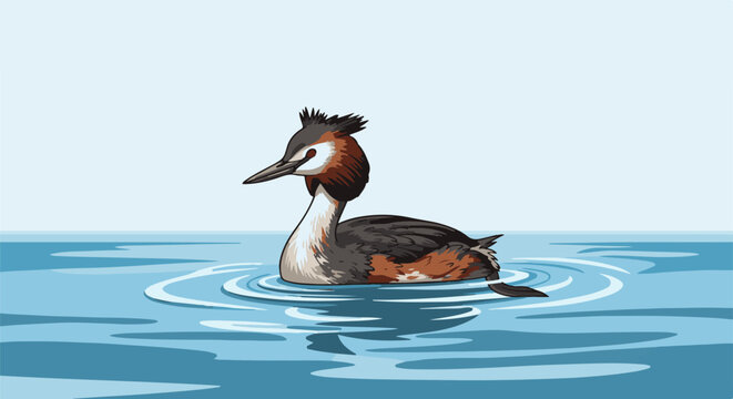 A pixel art grebe with orange cheek tufts swims calmly on blue water
