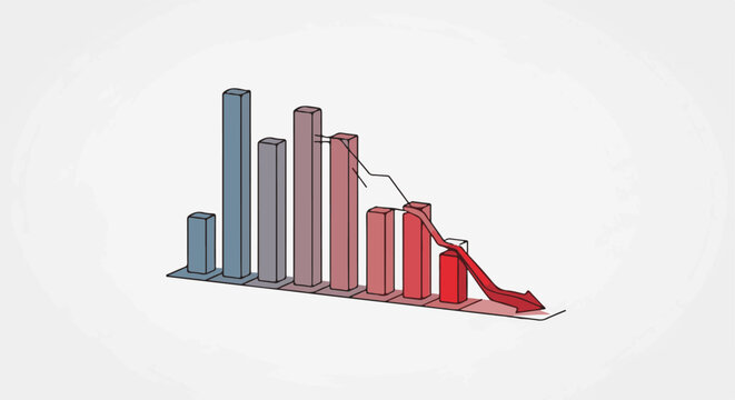 3D bar chart illustration showing a downward trend with a red arrow