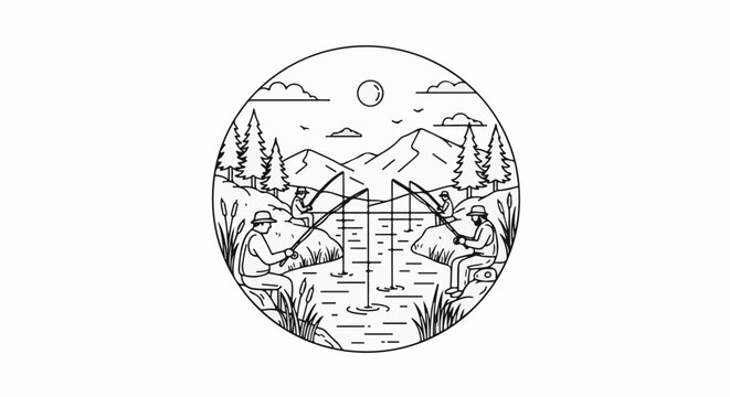 A circular depiction of anglers fishing by a calm river amidst a picturesque mountain landscape