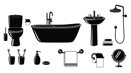 Bathroom fixtures and accessories depicted in a striking black silhouette © MDShawon