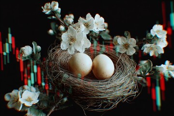 Obraz premium Whispered wild: a hidden haven of nature's tender care. Risk management. Guardian blossoms: a nest dense with color and new life. Digital currency. Profit signals.