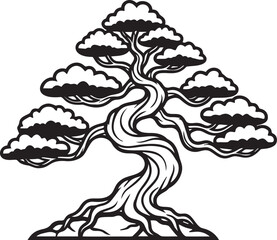 Fototapeta premium Stylized bonsai tree in vintage line art style for nature or zen themes.