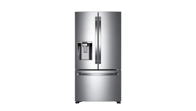Sleek stainless steel French door refrigerator with ice and water dispenser, isolated on transparent background for kitchen appliance advertisements