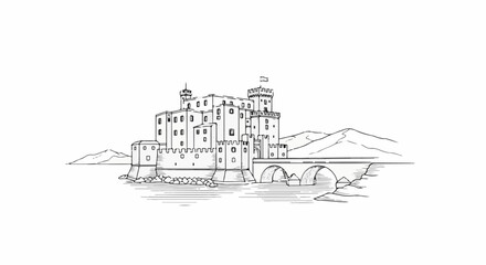 Fototapeta premium A black and white sketch of a castle on a rocky island connected by a bridge