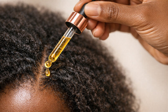 african american woman applying nourishing oil to scalp with dropper. Hair care treatment for dry curly hair. Beauty routine for healthy hair growth and natural scalp maintenance