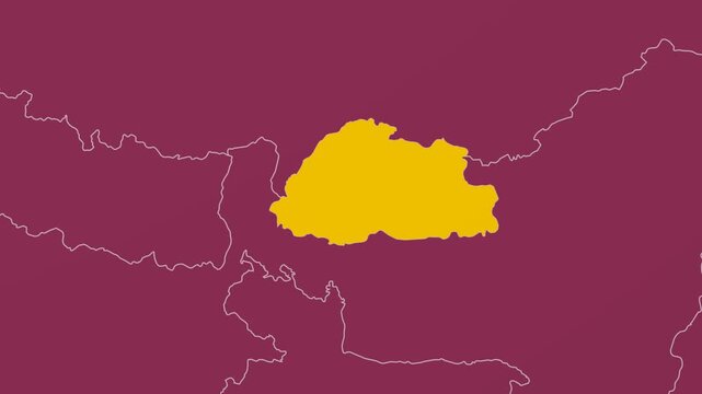Bhutan map. Animated zoom into the country on the Globe in Pale Mint Dark Pink color palette. Country logo animation with round text and airplanes. Map with meridians, parallels. Artistic video.