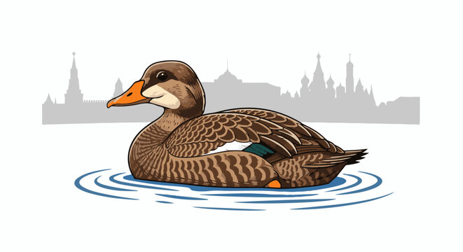 A brown duck with patterned feathers swims on rippling blue water