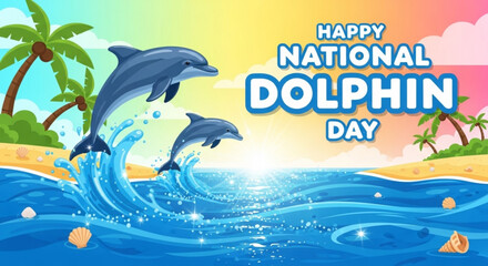 Dolphins jumping out of ocean waves on sunny beach with palm trees celebrating national dolphin day © Roshan