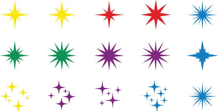 
Colorful Sparkle Starburst Vector Elements Set, Glitter Star Burst Shapes Multi-Color Geometric Decorative Icons for Graphic Design