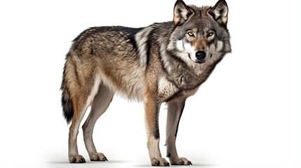 Obraz premium A Majestic Gray Wolf Standing Alertly on a White Studio Background