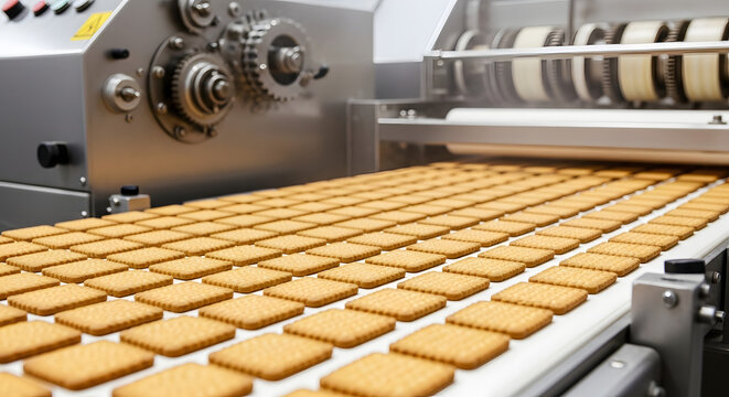 Biscuit production line in industrial factory with cookies on conveyor belt