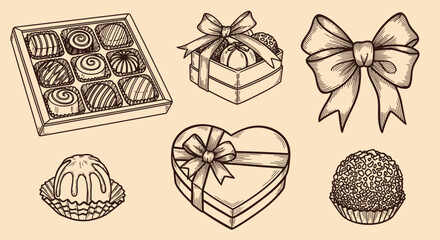 An outline sketch vector illustration of chocolates and gift boxes with bows on a decorative table setting © Crushin