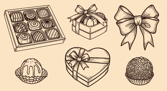 An outline sketch vector illustration of chocolates and gift boxes with bows on a decorative table setting