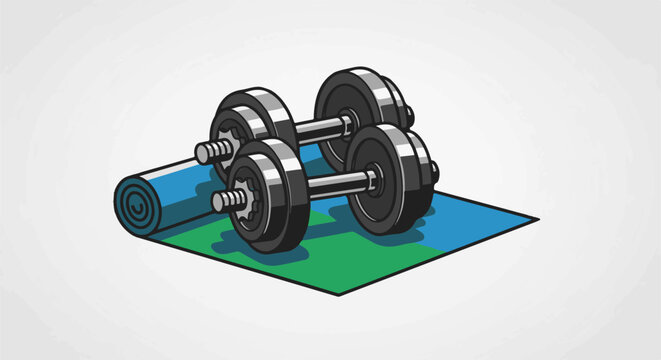 Two pairs of dumbbells rest on a blue and green mat