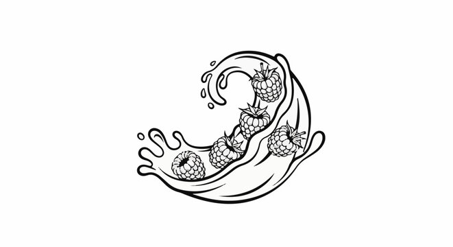 Black and white illustration of raspberries splashing in liquid