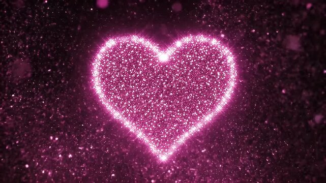 Abstract radiant pink heart exploding with particles on black