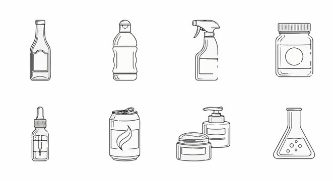 Collection of containers bottle, spray, jar, dropper, can, dispenser, beaker