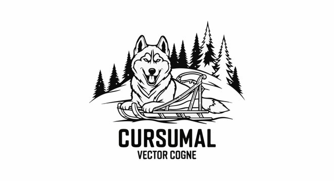 Black and white drawing of a dog on a sled with trees