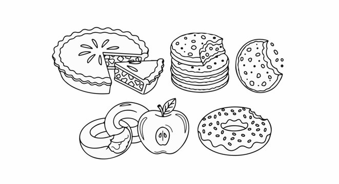 Delicious baked treats and fresh fruit depicted in a simple outline style