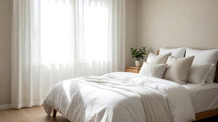 Fototapeta premium A minimalist bedroom with a neatly made bed, white linens, soft pillows, natural light from sheer curtains, and a small wooden nightstand with a plant.