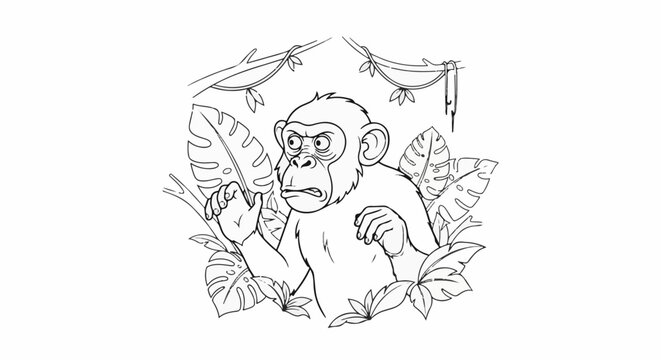 A surprised chimpanzee with wide eyes among tropical leaves
