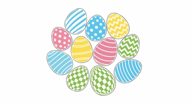 Colorful Easter eggs with various patterns arranged in a circular cluster