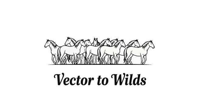 Black and white drawing of a herd of horses with text below