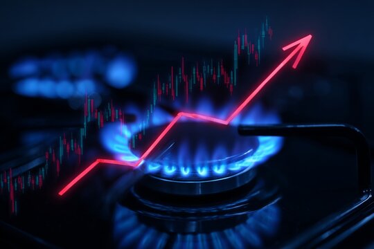 The hidden fees: behind the natural gas price climb. Profit signals. Inflation heat: stove burner and inflation arrow symbolize economic crunch. Market forecast. Market indicators.