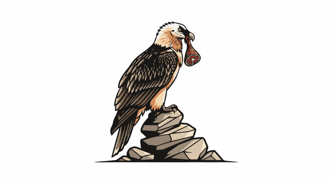 Bearded vulture perched on rocks holding meat in its beak