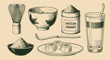 An outline sketch vector illustration of a traditional Japanese tea set with matcha powder and sushi on a plate in a serene environment © Crushin